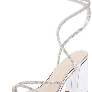 Womens Rhinestone Sandals Faux Leather Chunky Heels 3.35 inches for Dressier Occ